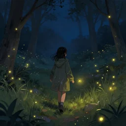 digital painting of a girl in a raincoat following fireflies