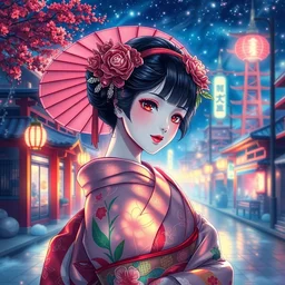 detailed 風 景 + luminescent 背 景 + scenery artwork 厚 塗 り, artstation!! pixiv!! portait of coloful manga geisha in foreground!! godrays!!