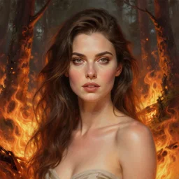 Portrait of Alexandra Daddario in a burning forest, fiery landscape, fantasy, high detail, elegant, digital painting, natural light, vibrant, intricate, textured skin, highly detailed, artstation, sharp, focus, illustration, by Anna Dittmann, Ilya Kuvshinov, Nikolay Makovsky