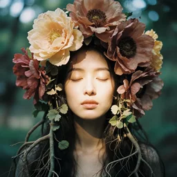 An analog head and shoulder frontal face photography of a woman surrounded by big mssive flowers and vines and roots by Zhang Jingna. closed eyes. Kodak Portra 800 film. Depth of field. whirl bokeh. Sunshine. detailed. hq. realistic. warm light. muted colors. Moody. Filmic. Dreamy. lens flare. Leica M9, f/1.2, symmetrical balance, in-frame