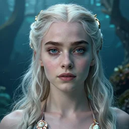 Daenerys Targaryen as a mermeid with a piercing gaze wearing shells as bikini in an underwater magical forest, highly detailed face, realistic face, beautiful detailed eyes, fantasy art, in the style of artgerm, illustration, epic, fantasy, intricate, hyper detailed, artstation, concept art, smooth, sharp focus, ray tracing, vibrant, photorealistic
