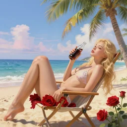 a beautiful blond asian girl lay on chair hold coke in beach, rose, palm tree, majoy dreamlike sky, mediterranean, masterpiece, cinematic lighting, highly detailed, digital painting, trending on artstation, pixiv, concept art, sharp focus, laura sava illustration, art by ross tran and wlop