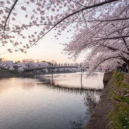 sakura bridge, morning sunrise, ren yi