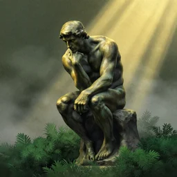 editorial illustration by karolis strautniekas and mads berg, illustrated rodin's thinker surrounded by lush small bushes, fog, fine texture, green + gold + black, detailed, muted colors, dramatic lighting, dynamic composition, vivid, matte print, wide angle, ( ( sunbeams ) ), moody