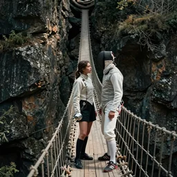 A young female fencer, stylish, fashionable, duelling her father on a narrow fraying rope bridge over a canyon, film still, cinematic, dramatic lighting