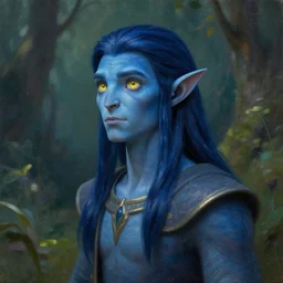 A bust of a blue skinned male elf with yellow iris, young noble, scholar, clad in robes, curious, forwards facing, profile shot, centered, fair, fantasy concept art, long straight beautiful hair, dark blue hair, mystical eyes, magical lighting, beautiful, mystical, shimmers, nature, oil painting, forest background