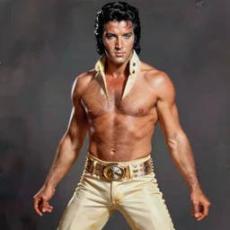 elvis presley beefcake style full body portrait by Gil Elvgren, beefcake pose, elegant, digital painting, trends on artstation, concept art
