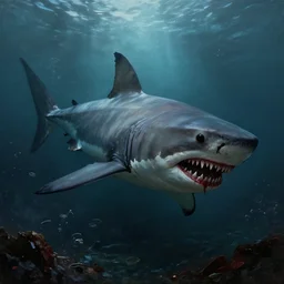 dramatic painting of a bloodthirsty horrifying shark underwater in a desolate apocalyptic ocean, hyperrealistic, dark surrealism, digital art, artstation