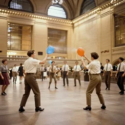 color photo of water - balloon fight in grand central station circa 1 9 2 3