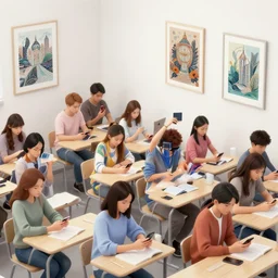 A classroom full of students looking at their smartphone, artwork by Craig Mullins, isometric camera, detailed, trending on artstation