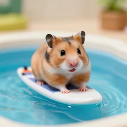 hamster relaxing on a miniature surfboard in the pool and smiling, close up, dslr photo