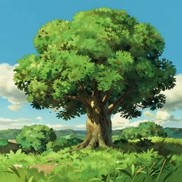 a landscape of a single tree with bushes nearby, studio ghibli, castle in the sky, animated, anime, illustrated, vibrant, by cliff chiang, background on artstation