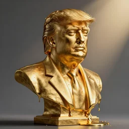 a gold bust of Donald Trump that is starting to melt, dripping molten metal on the side