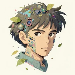 portrait, cyberpunk hero, floating detailes, very detailed face, leaves by miyazaki, colorful palete illustration, kenneth blom, mental alchemy, james jean, pablo amaringo, naudline pierre, contemporary art, hyper detailed