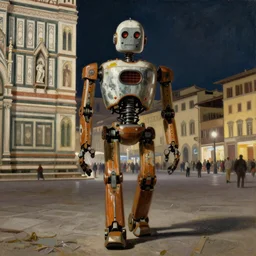 a huge 5 0 es robot walk in piazza della signoria in firenze, night, first person view, oil paint by william - adolphe bouguereau