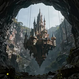 one immense floating castle in the middle of high mountains hanging by chains inside a cave crater jewelry mine below only darkness background, fireflies, clean sky, hight contrast, void, 8 k resolution, unreal engine 5, hyper - detailed, perspective view, 2 4 mm lens, by simon bisley, beeple, justin gerard
