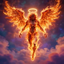 ugly archangel in fabulous colored burning clouds, burning wings, halo, fantasy art, vibrant color, blur background, boke, by zdzislaw beksinski, emil melmoth, dan mumford, alfons mucha, trending on artstation, high detail, cgsociety, 3 d, octan render