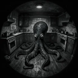 no windows, dark palette emo black, fisheye, naive, extra narrow, detailed illustration of an unlit kitchen, large floor, octopus shaped by rhads from lorax movie