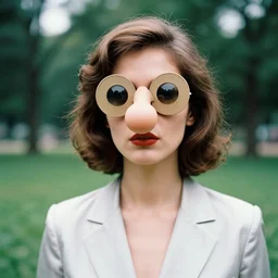 glamorous woman with a bulbous spherical prosthetic nose, circular cardboard eyes, 1 9 7 7, color, medium - shot 1 6 mm film, in a park