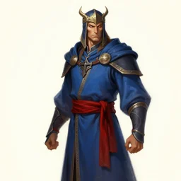 an airbrush fantasy drawing of a druid warlock dnd character wearing blue robe with red belt.-H 576