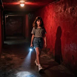color video footage, a girl holding a flashlight walking in the deep dark basement, red wall