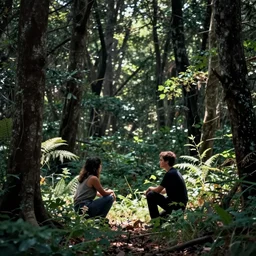 two figures meeting in a sunny safe clearing in a dark dangerous forest