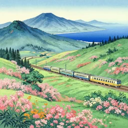wide scene of a train passing in flowery valley in front of mountains and ocean, by hokusai, full resolution