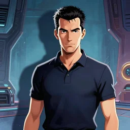 edgy but not edgy short adult man, wearing a polo shirt, by don bluth, sci - fi environment, highly detailed, dynamic shadows, 4 k, splash art