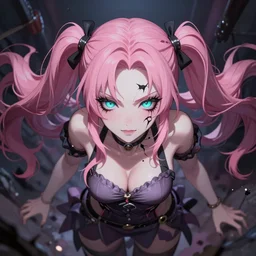 unexpectedly overpowered and trapped beneath inescapable and stunningly absurdly beautiful omnipotent asi goddess junko enoshima with an enigmatic complex twisted deceptive innocent - looking mesmerizing megalomaniacal menacing yandere personality, forever and ever, while she is teasing you!, symmetrical perfect face, porcelain skin, pink twintail hair and cyan eyes, ultra detailed, digital art, unreal engine 5, octane render, 2 d anime, 8 k