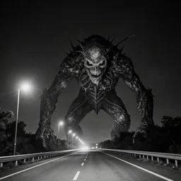 black and white photograph of a large eldritch monster on a highway in the middle of the night, flash, eerie