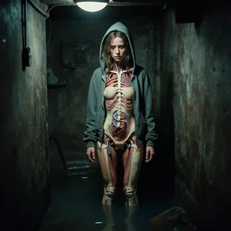 at night, sadie sink in a hoodie explores a basement : 3 5 mm film, anamorphic, single long shot from schindler's list by steven spielberg. cyberpunk, cinematic atmosphere, detailed and intricate, perfect anatomy