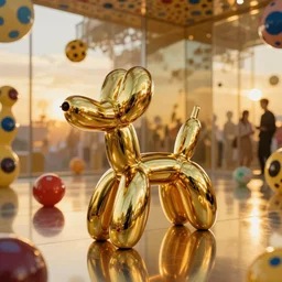 yayoi kusama locked in an infiniti room cosplay jeff koons ballon dog, nendroid, art by wgreg rutkowski. during golden hour. extremely reflective.