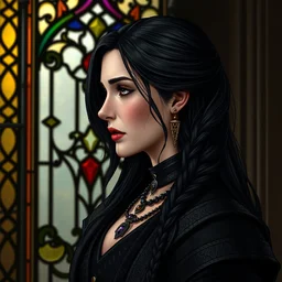 pretty and detailed side - view portrait of yennefer from the witcher 3, black necklace, long black and grey coat, 1 3 th century stained glass window, very masterful