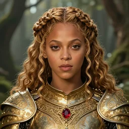 head and shoulders portrait of a female knight, young beyonce, golden etched armor, lord of the rings, celtic hair braid, eldritch ruby amulet, sylvan glade, by artgerm, alphonse mucha, face detail, sharp focus, high key lighting, vogue fashion photo