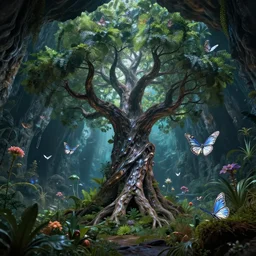 butterflies flying up to a giant magic tree in a magic cave with lot of mystic vegetation, overdetailed art, realistic, two chrome