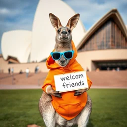 a portrait photo of a kangaroo wearing an orange hoodie and blue sunglasses standing on the grass in front of the sydney opera house ( ( ( ( ( ( ( ( ( ( ( ( ( holding a sign on the chest that says welcome friends ) ) ) ) ) ) ) ) ) ) ) ) ), subject : kangaroo, subject detail : wearing orange hoodie, wearing blue sunglasses, subject location : sydney opera house, subject action : ( ( ( ( ( ( ( ( ( ( ( ( ( holding sign ) ) ) ) ) ) ) ) ) ) ) ) )