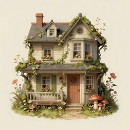 retro airbrush detailed ( ( ( ( ( 1 9 5 0 s retro hobot house flower with vines, moss and mushrooms. with offwhite background ) ) ) ) ) by jean - baptiste monge,!!!!!!!!!!!!!!!!!!!!!!!!!!!!!