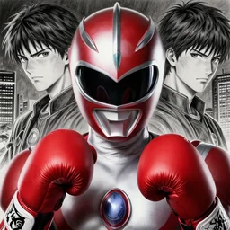 highly - detailed portrait moon knight red ranger ultraman by takeshi obata and yusuke murata, trending artstation and cgsociety, beautiful face, volumetric lighting, rule of thirds, unreal engine, centered subject, octane render, pencil and ink, city in the background, dark colors, intricate details, sharp face, boxing gloves