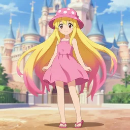 anime girl with long blonde hair with pink tips, wearing pink dress, pink flip flops, and a pink bucket hat with white polka dots, disneyland background, anime key visual, kyoto animation