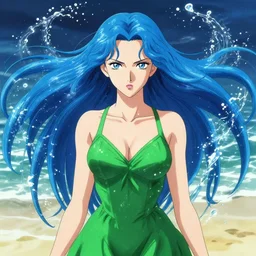 style of yoji shinkawa, artgerm, joshua middleton, beautiful kristen bell with green dress, very long blue hair, water powers water swirling, symmetrical face, symmetrical eyes, detailed, beach setting, cinematic lighting