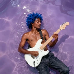 aerial photograph of a man with brown skin and blue hair playing a white electric guitar laying in periwinkle light purple water, top down film photograph