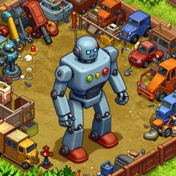 close up, detailed, isometric view of a robot junk yard, from a lucasarts point and click 2 d graphic adventure game, art inspired by thomas kinkade