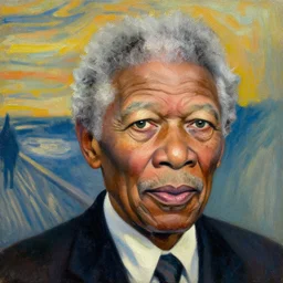 a detailed portrait of morgan freeman, canvas, oil paint, magnification, artwork by edvard munch