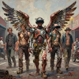 junky men on street, in center of composition, wings, cybertronic gadgets and vr helmet, flesh + technology, durty colours, rotten textures, rusty shapes, biotechnology, norman rockwell, tim hildebrandt, dariusz zawadzki, bruce pennington, larry elmore, hyperrealistic oil painting on canvas, deep depth field, masterpiece, cinematic composition, hyper - detailed