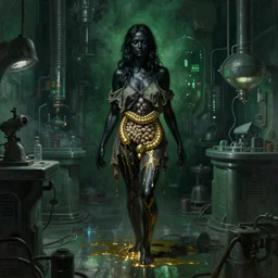 dark green steamy hi-tech sci-fi lab at night, realistic gustave coubert painting of black onyx skin woman with beautiful face dressed in rags exposed guts crawling in two legs and dripping golden metalic fluid from intestine into a puddle of golden liquid on the floor.