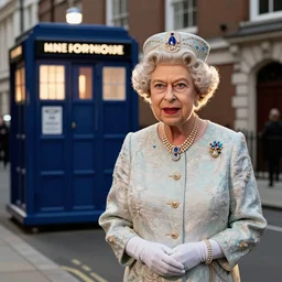 Queen Elizabeth II standing on the street next to the Tardis