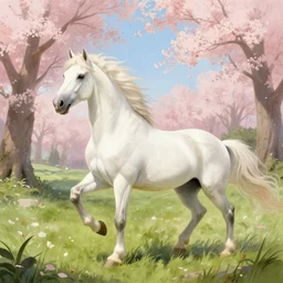 magical, white mare funs in spring, fantasy concept art by J.Dickenson and Greg Rutkowski