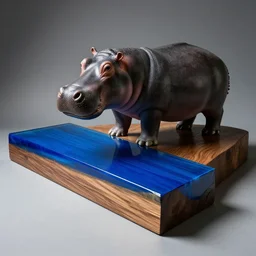 repurposed elm wood composite mixed with straight lines blue epoxy resin, studio zeiss 1 5 0 mm f 2. 8 hasselblad, dramatic lighting, a photo of a model hippo, award - winning photo