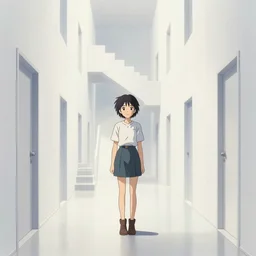 a stunningly beautiful slimegirl woman in a bright white hallway with many doors and many stairs, Mc Escher architecture, epic composition, by Makoto Shinkai
