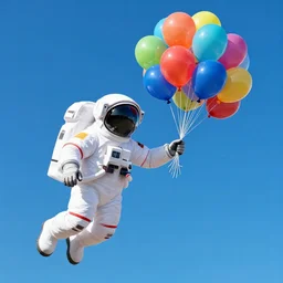 an Astronaut floating away holding onto a bunch of colourful balloons, vivid colors, artstation